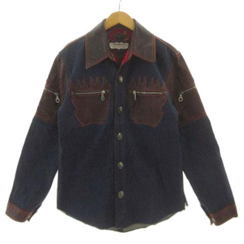 【中古】未使用品 スキン SKKIN ウエスタンシャツ デニムシャツ レザー切替え USA製 インディゴ レッド系 赤茶 L