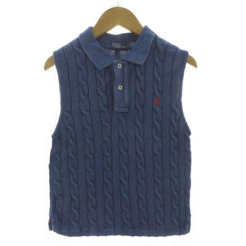 【中古】Polo by Ralph Lauren ケーブルニット クロップド ポロシャツ ポニー刺繍 ガーメント染め コットン ブルー M