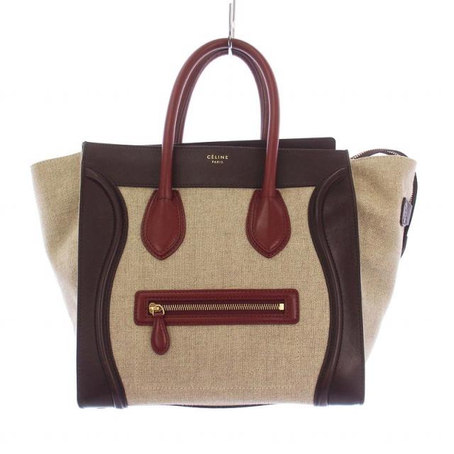 【中古】セリーヌ CELINE ラゲージ ミニショッパー ハンドバッグ トートバッグ レザー キャンバス ベージュ 赤 茶の通販は