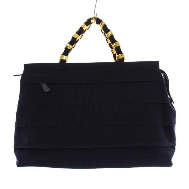 【中古】サルヴァトーレフェラガモ ヴァラ ハンドバッグ チェーン 切替 バイカラー 紺 ネイビー ゴールドカラー