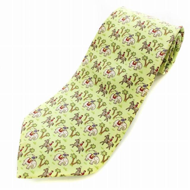 【中古】エルメス HERMES ネクタイ ゾウ ウマ アニマル柄 シルク 黄緑 グリーン /☆G ■MU ■OH メンズ