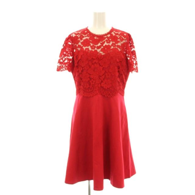 【中古】ケイトスペード KATE SPADE ワンピース フレア ひざ丈 半袖 切替 レース 4 赤 レッド NJM00107
