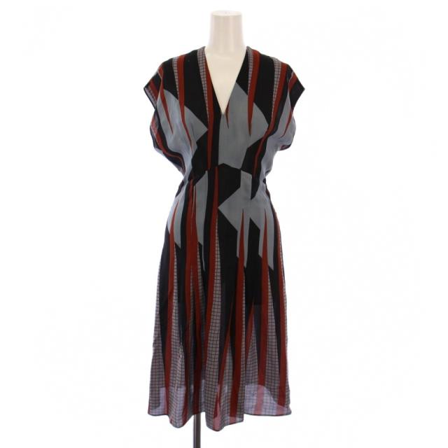 【中古】グッチ GUCCI ワンピース ひざ丈 フレンチスリーブ 総柄 シルク 36 黒 グレー 茶 /BM ■BM レディース