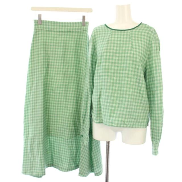 【中古】ロンハーマン Collection セットアップ 上下 カットソー 長袖 スカート ロング フレア チェック柄 XS 緑
