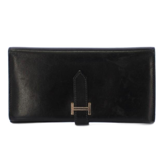 【中古】エルメス HERMES ベアン 長財布 三つ折り ボックスカーフ 黒 □G刻印 /KH ■OH ■BM メンズ