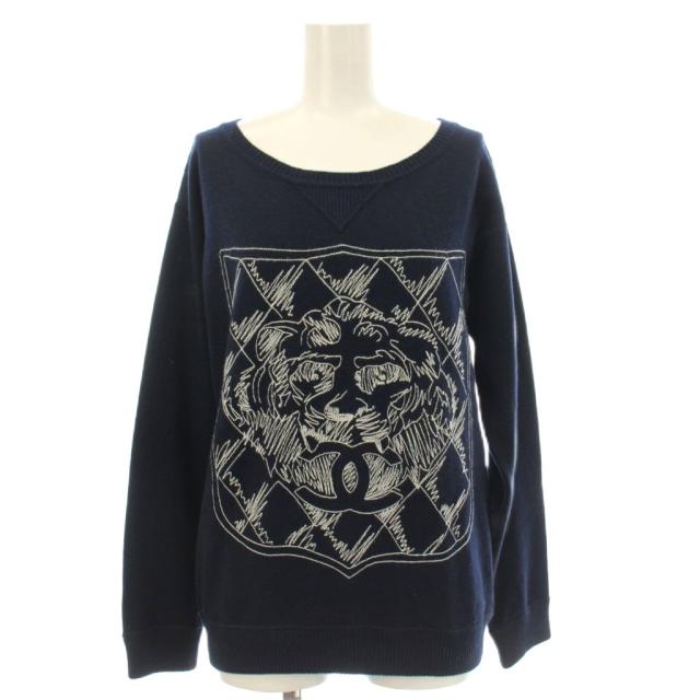 【中古】シャネル CHANEL ニット セーター カシミヤ ライオンモチーフ 刺繍 ココマーク 長袖 36 紺 ネイビー