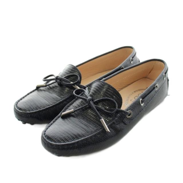 【中古】トッズ TOD'S ドライビングシューズ ローファー リボン 型押し レザー 36 黒 ブラック /AN71 ■BM