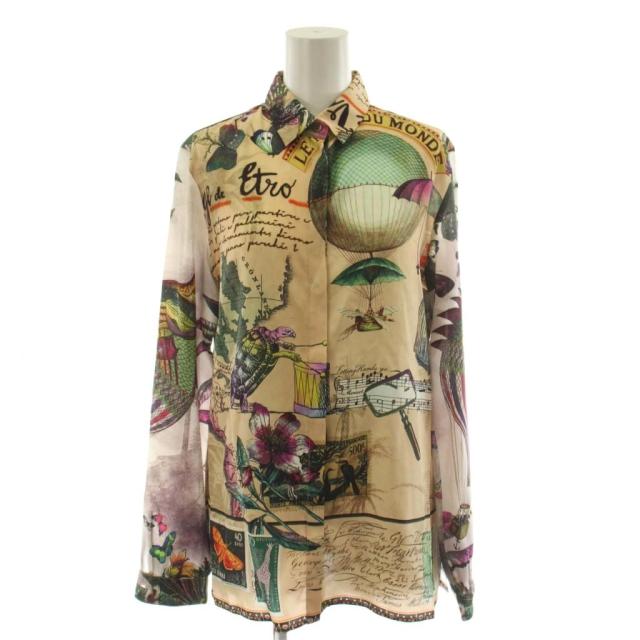 【中古】エトロ ETRO シャツ ブラウス 長袖 総柄 シルク 絹 38 マルチカラー ベージュ 緑 グリーン 黄