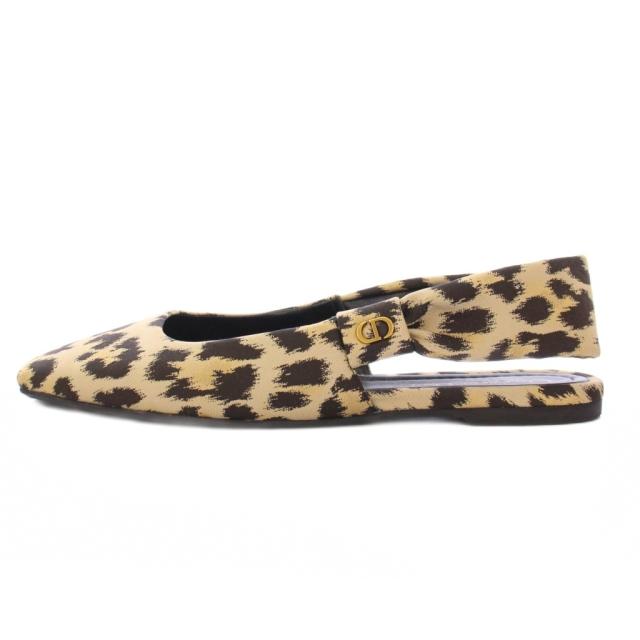 【中古】クリスチャンディオール MIZZA スリングバック フラット パンプス ストラップ ヒョウ柄 ベージュ 黒 ■BM