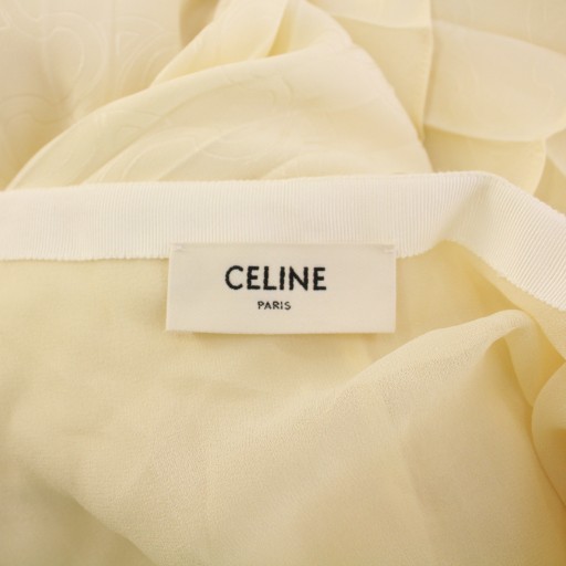 【中古】セリーヌ CELINE トリオンフ プリーツスカート フレア ミモレ ロング ロゴ 総柄 シルク 40 アイボリー ■BM_2