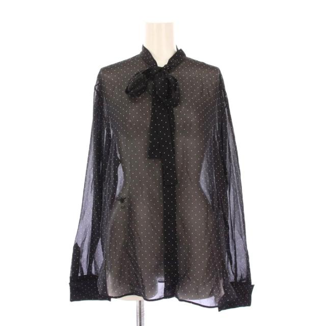 【中古】クリスチャンディオール ボウタイシャツ ブラウス シアー シースルー 長袖 シルク ドット柄 黒 白 ■BM