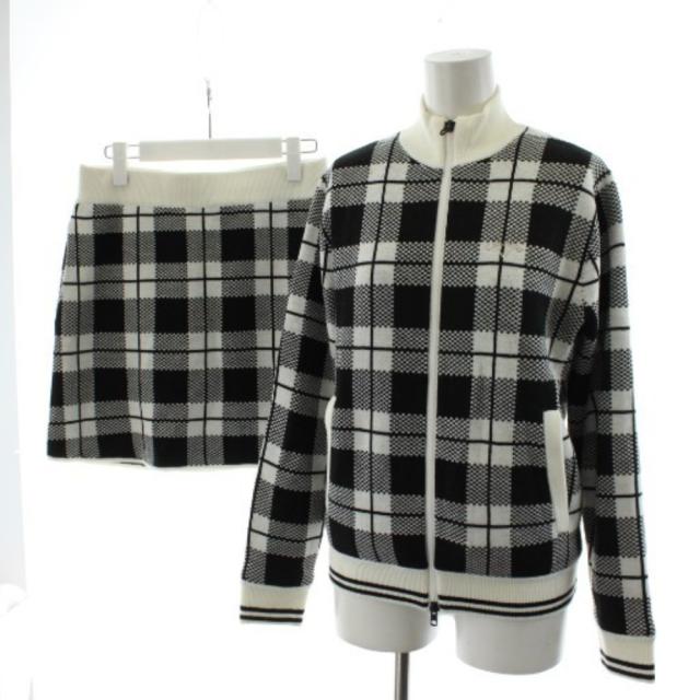 【中古】キャロウェイ セットアップ 上下 ニットブルゾン ジャケット 台形スカート ミニ丈 ゴルフウェア M 黒 白