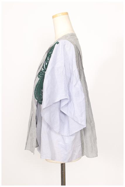 ハリカエ HARIKAE 17SS シャツ ブラウス 半袖 ストライプ 刺繍 シルク混 XS 青 ブルー /hn0425 レディース ハリカエ HARIKAE 17SS シャツ ブラウス 半袖 ストライプ 刺繍