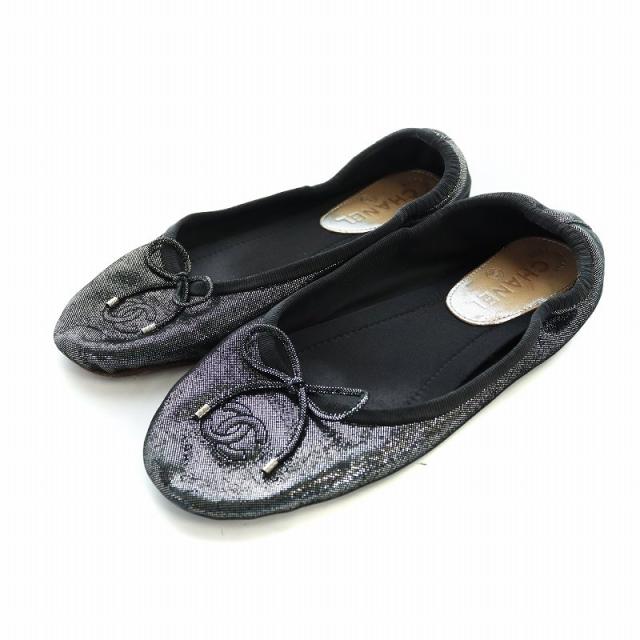 【中古】シャネル CHANEL フラットバレーシューズ ココマーク ロゴ リボン ラメ 36 23cm 黒 ブラックの通販は