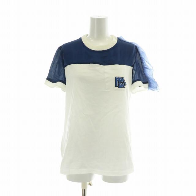 【中古】プラダ PRADA Tシャツ カットソー 絹 シルク 切り替え 半袖 クルーネック フリル ロゴ XS 白 紺の通販は