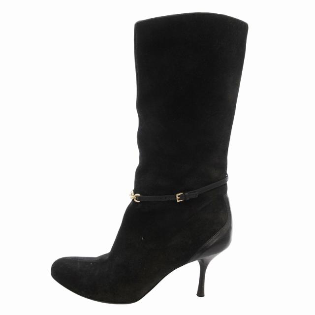 グッチ GUCCI ショートブーツ ロゴ ベルト ヒール スエード 36.5 C 黒