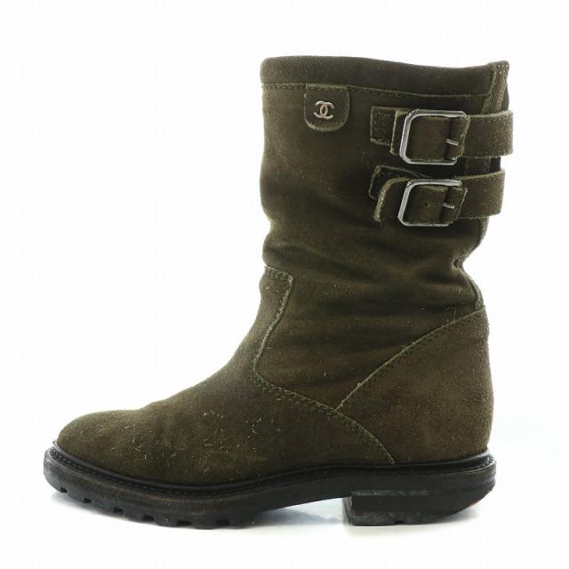 【中古】シャネル エンジニアブーツ ショートブーツ ヌバック ココマーク スエード ローヒール 35.5 カーキ ■MT