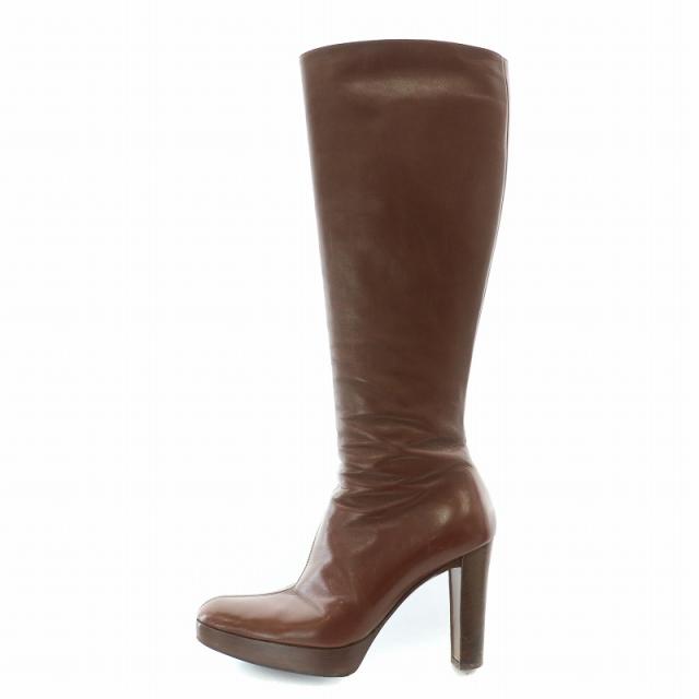 【中古】セリーヌ CELINE ロングブーツ ラウンドトゥ チャンキーヒール プラットフォーム レザー 35.5 茶 ■MT