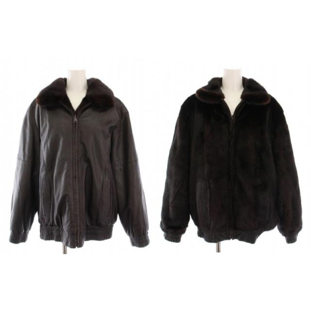 【中古】ノーブランド レザージャケット ブルゾン リバーシブル ミンクファー 革ジャン アウター XXL ブラウン