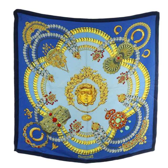 【中古】エルメス HERMES カレ90 KOSMIMA 宇宙 スカーフ 絹 シルク 総柄 ロゴ 青 ブルー /XZ ■GY19 レディース