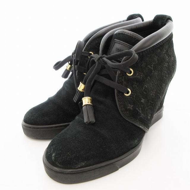 LOUIS VUITTON ムートン レースアップブーツブラック ヴィトン レザー