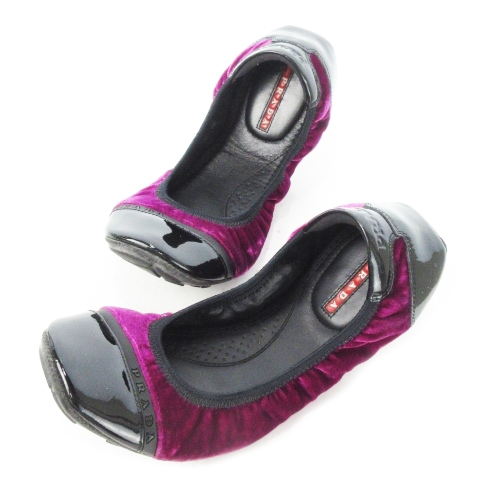 PRADA バレエシューズ ボルドー ☆Prada☆ロゴ入り レザーリボン付 バレエシューズ (PRADA