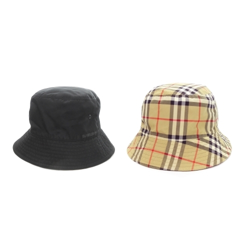 【中古】バーバリー BURBERRY バケットハット リバーシブル 無地 ノバチェック ロゴ 黒 ブラック 茶 ブラウン