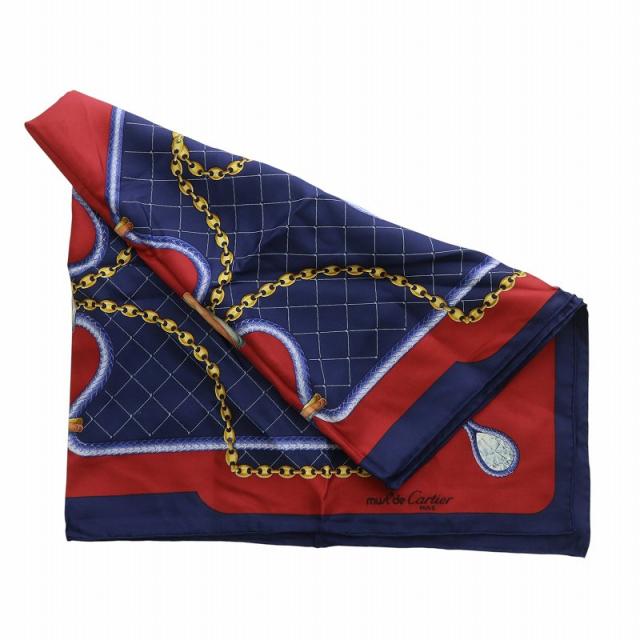 美品】Cartier カルティエ チェーン柄 ロゴ 大判スカーフ シルク100