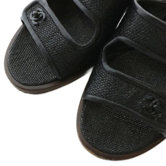 【中古】シャネル CHANEL ミュール サンダル ココマーク ターンロック ストロー 34.5 21.5cm 黒 ブラック レディース