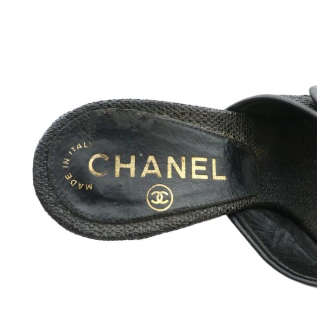 【中古】シャネル CHANEL ミュール サンダル ココマーク ターンロック ストロー 34.5 21.5cm 黒 ブラック レディース