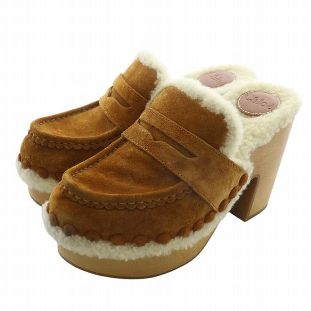 【中古】クロエ CHLOE CLOGS サンダル ミュール スエード ムートン ボア 厚底 チャンキーヒール 36 23cm 茶色