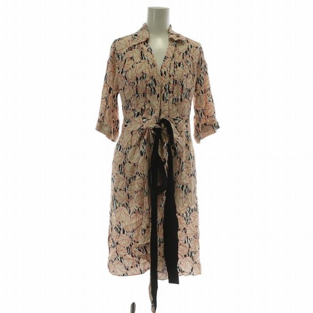 【中古】未使用品 DIANE von FURSTENBERG ラップワンピース シャツ 七分袖 ひざ丈 Vネック 総柄 XS ベージュ 赤 黒