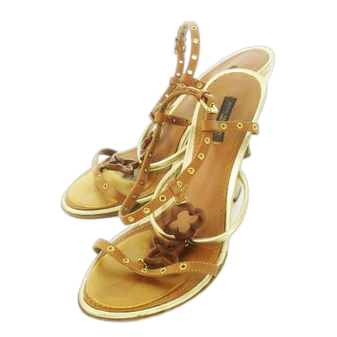 【中古】ルイヴィトン LOUIS VUITTON ストラップサンダル ウェッジソール 革 フラワーロゴ ウッド ハトメ 38.5 茶