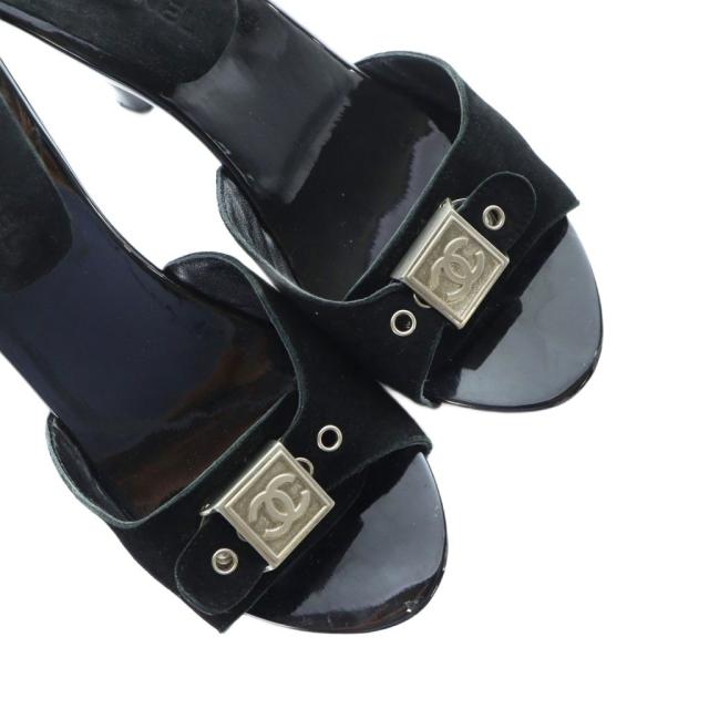 【中古】シャネル CHANEL サンダル ミュール ロゴ ココマーク ハイヒール スエード エナメル 35 22.5cm 黒 ブラック