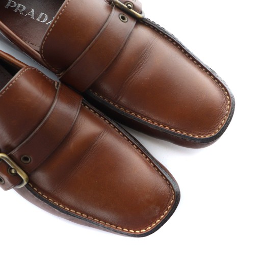 【中古】プラダ PRADA ローファー 革靴 スクエアトゥ ロゴ ベルト レザー 6.5 25.5cm 茶 ブラウン ■GY19 /MQ
