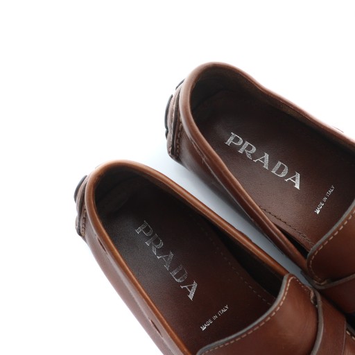 【中古】プラダ PRADA ローファー 革靴 スクエアトゥ ロゴ ベルト レザー 6.5 25.5cm 茶 ブラウン ■GY19 /MQ