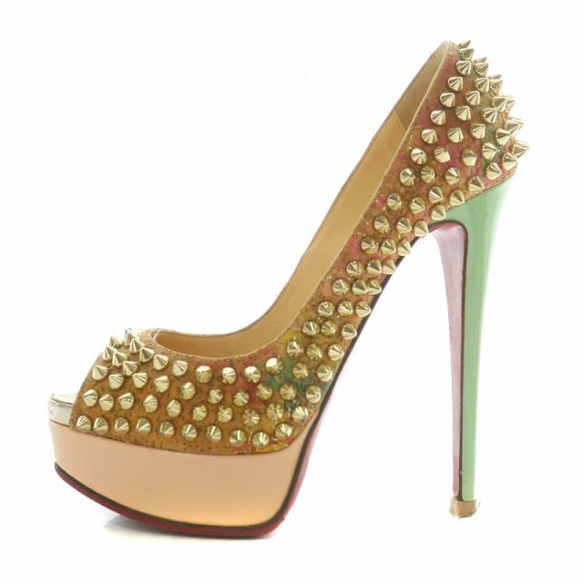【中古】Christian louboutin パンプス エナメル オープントゥ ピンヒール ロックスタッズ 35.5 22.5cm マルチカラー