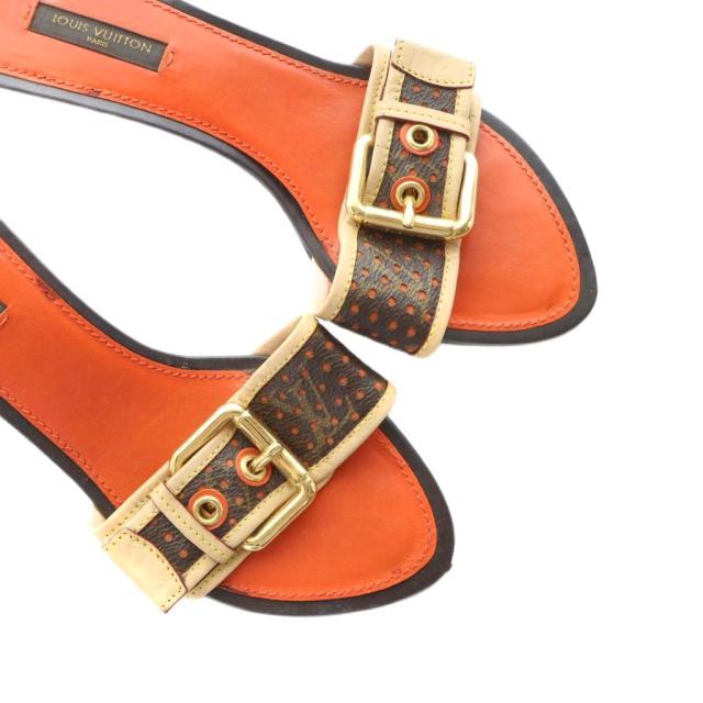 【中古】ルイヴィトン LOUIS VUITTON サンダル ラウンドトゥ ベルト ロゴ モノグラム レザー 36.5 24.5cm オレンジ
