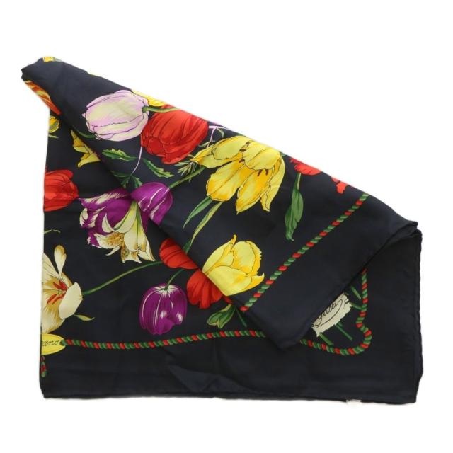 中古】グッチ GUCCI スカーフ 大判 絹 シルク 花柄 総柄 ロゴ マルチ