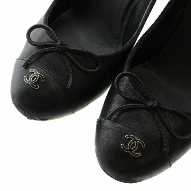 【中古】シャネル CHANEL パンプス レザー ラウンドトゥ ハイヒール リボン ココマーク 36.5 23.5cm 黒 G28504