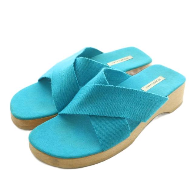 【中古】エルメス HERMES サンダル キャンバス オープントゥ ウッドソール 38 24.5cm 青 ブルー