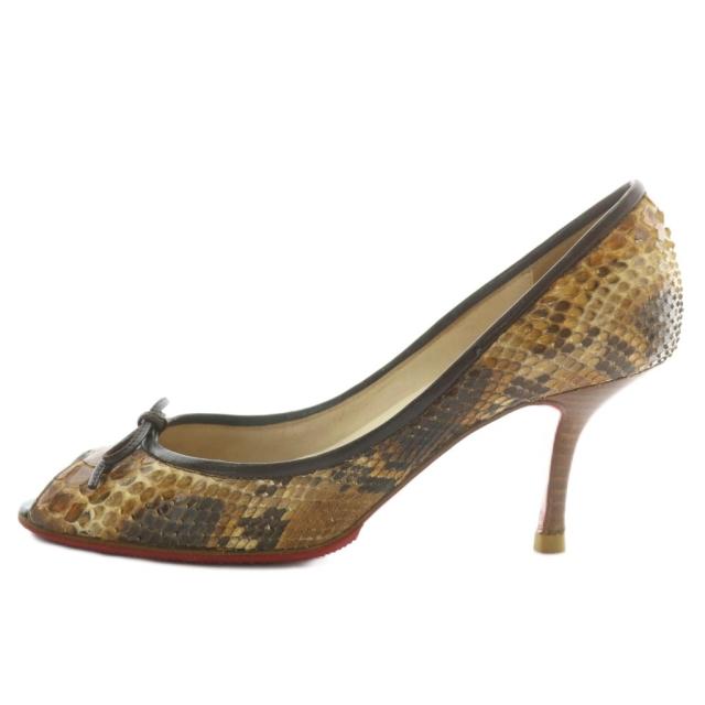 【中古】Christian louboutin パンプス パイソン レザー オープントゥ ハイヒール リボン 34.5 21.5cm 茶色