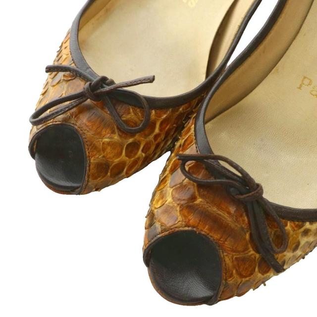 【中古】Christian louboutin パンプス パイソン レザー オープントゥ ハイヒール リボン 34.5 21.5cm 茶色