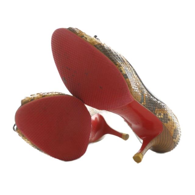 【中古】Christian louboutin パンプス パイソン レザー オープントゥ ハイヒール リボン 34.5 21.5cm 茶色