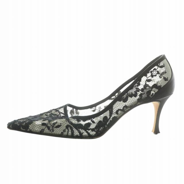 【中古】マノロブラニク MANOLO BLAHNIK パンプス レース ポインテッドトゥ ハイヒール 花柄 37.5 24.5cm 黒 ブラック