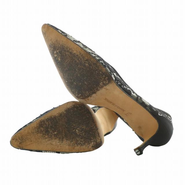 【中古】マノロブラニク MANOLO BLAHNIK パンプス レース ポインテッドトゥ ハイヒール 花柄 37.5 24.5cm 黒 ブラック