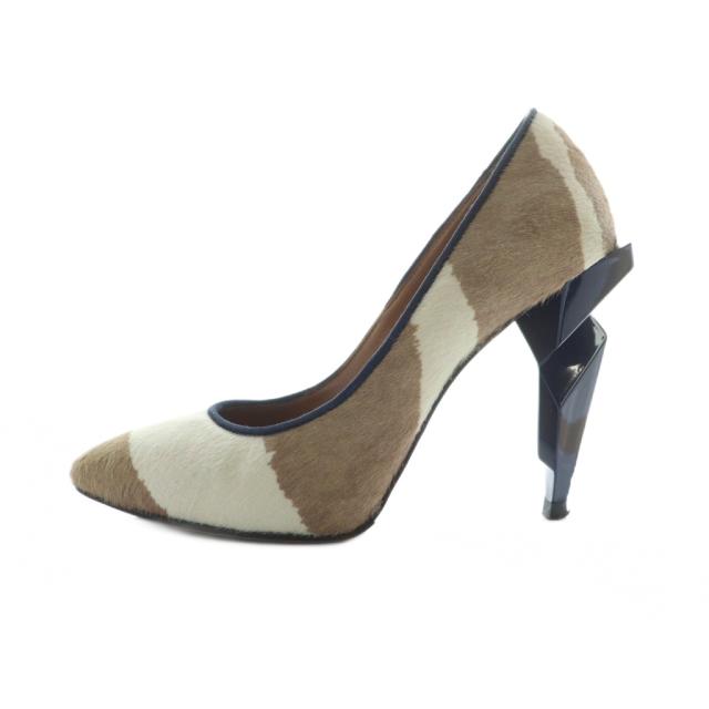 【中古】フェンディ FENDI パンプス ポインテッドトゥ ハラコ ハイヒール ロゴ 36.5 23.5cm 茶 ブラウン アイボリー