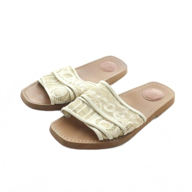 【中古】クロエ CHLOE サンダル フラット スクエアトゥ ロゴ レース 茶 ブラウン ■GY19 /MQ ■OH レディース