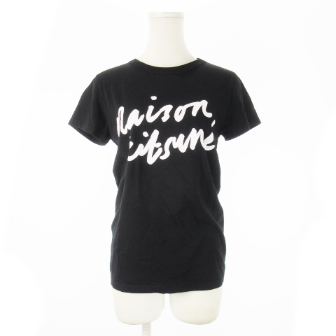 【中古】メゾンキツネ MAISON KITSUNE Tシャツ カットソー ラウンドネック 半袖 プリント ロゴ 小さいサイズ XS 黒