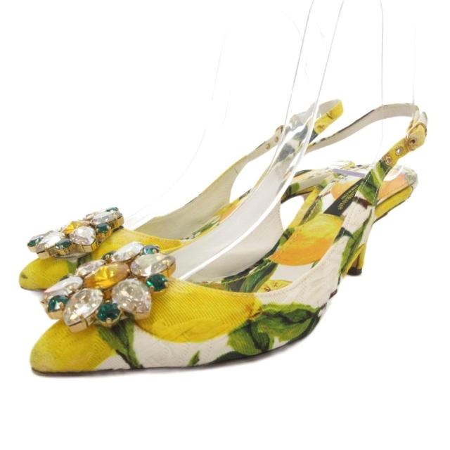 【中古】ドルチェ&ガッバーナ ドルガバ パンプス ポインテッドトゥ ジャガード ビジュー 総柄 35 イエロー ホワイト